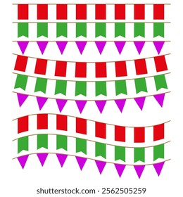 Colorful festive garlands. Holiday decoration banners. Vibrant party elements. Vector flag strings.