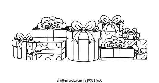 Colorful festive gifts, boxes and presents outline cartoon illustration. Christmas or birthday gifts with bows. Coloring book page printable activity worksheet for kids.