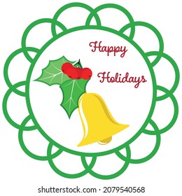 Colorful festive green ornament with bell and red berries and green mistletoe leaves vector illustrator isolated design.