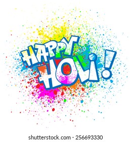 Colorful festive Holi splash abstract background with Holi lettering. Indian traditional festival greeting card, banner, template design.