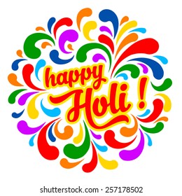 Colorful festive Holi splash abstract background with Holi lettering. Indian traditional festival greeting card, banner, template design.