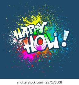 Colorful festive Holi splash abstract background with Holi lettering. Indian traditional festival greeting card, banner, template design.