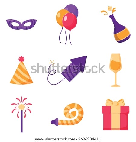 Colorful festive icons set featuring new year party mask, balloons, champagne bottle, hat, firework, drink, noise maker, and wrapped gift box representing celebration and holiday fun