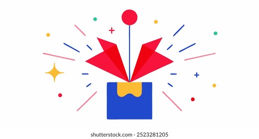 A colorful and festive illustration of a surprise box bursting open with confetti and celebration.  Perfect for celebrating a new product launch, a special occasion.