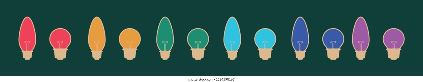 Colorful festive light bulbs in alternating shapes and vibrant hues on a dark green background — perfect for holiday or celebration themes.