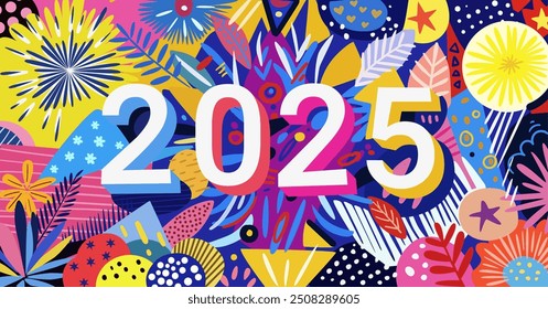 Colorful festive New Year 2025 card with abstract hand drawn patterns and shapes