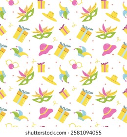 Colorful festive pattern with carnival masks, gifts, hats, and balloons.