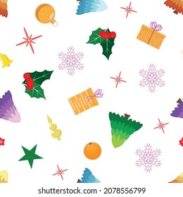 Colorful festive pattern with christmas new year decoration such a s trees, goift boxes, snowflakes, ornaments, fruits and missletoes seamless pattern.