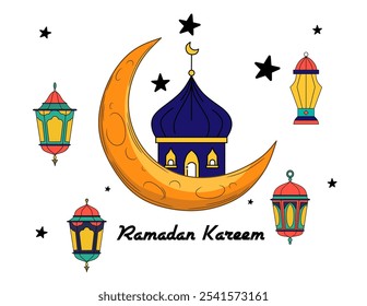 A colorful and festive Ramadan illustration featuring a crescent moon, stars, and hanging lanterns. Perfect for creating Islamic-themed designs and merchandise