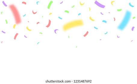 Colorful festive ribbons over white background. Blurred defocused color confetti Vector illustration