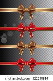 Colorful festive ribbons set. Collection gold and red ribbons with bows. Vector illustration