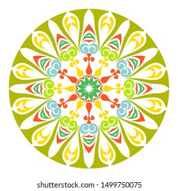Colorful festive round ethnic pattern. Design elements with abstract kaleidoscope shapes. Symmetric circle ornate mandala ornament. Vector illustration.