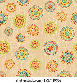 Colorful festive seamless background with stylized sombreros. Ornate Mexican style fancy rounds arranged for ethnic ornament.  Abstract repeatable pattern. Repeat fiesta vector backdrop.