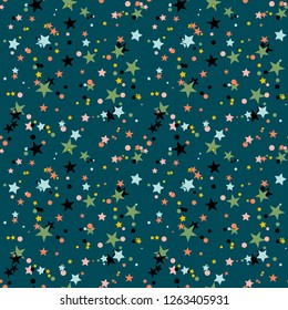 Colorful festive seamless pattern, abstract background with circles and stars. Infinity confetti geometric wrapping paper. Vector illustration.  