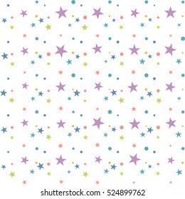 Colorful festive seamless pattern, abstract background with circles and stars on white. Infinity confetti geometric pattern. Wrapping paper. Vector illustration. 