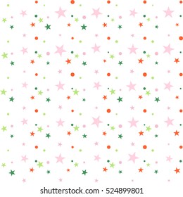 Colorful festive seamless pattern, abstract background with circles and stars on white. Infinity confetti geometric pattern. Wrapping paper. Vector illustration. 