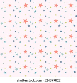 Colorful festive seamless pattern, abstract background with circles and stars on white. Infinity confetti geometric pattern. Wrapping paper. Vector illustration. 