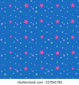 Colorful festive seamless pattern, abstract background with pink, violet, green, blue circles and stars on navy blue. Infinity geometric pattern. Wrapping paper. Vector illustration. 