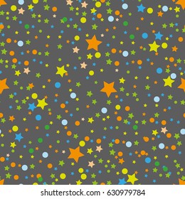 Colorful festive seamless pattern, abstract background with circles and stars on black. Infinity confetti geometric pattern. Wrapping paper. Vector illustration.