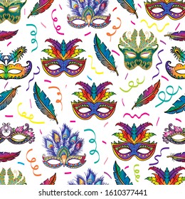 Colorful festive seamless pattern with carnival masks