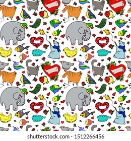 Colorful and festive seamless pattern with cute animals. Stylish graphic design