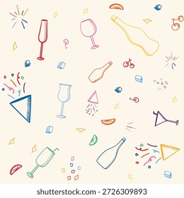 Colorful festive seamless pattern featuring hand-drawn party elements like champagne glasses, cocktail bottles, confetti, and party poppers. This playful doodle vector illustration uses a vibrant color palette on a soft cream background, perfect for celebratory themes. Great for gift wrapping paper, party invitations, textile prints, and digital backdrops for New Year, birthdays, or wedding celebrations.