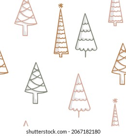 Colorful festive seamless pattern with spruce. Winter line art forest for Christmas holidays and decorative design. Abstract botanical endless background for wrapping paper and textile