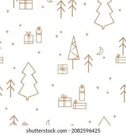 Colorful festive seamless pattern with spruce. Winter line art forest for Christmas holidays and decorative design. Abstract botanical endless background for wrapping paper and textile