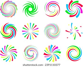 Colorful festive spirals twist and swirls fireworks set. Vector illustration.