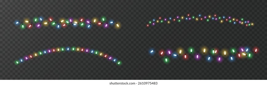 Colorful Festive String Lights on Transparent Background Vector Set

