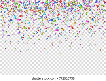Colorful festive tinsel  isolated on transparent background. Falling glowing  confetti. Decoration for carnival, fiesta, birthday party, Christmas, New Year celebration. Vector  streamers.