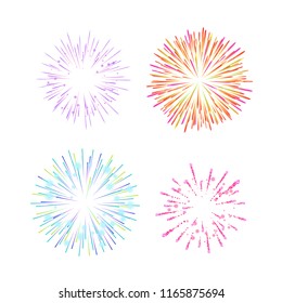 Colorful festive traditional lights, indian fireworks, crackers, pyrotechnics and flying rockets in the sky. Indian fireworks on sacred festival of Diwali, merry holiday feast. Vector illustration.