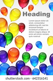 Colorful festive vector balloons on a white background for celebration, holiday, birthday party card with space for you text. A4 layout.