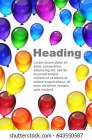 Coloridos globos vectoriales festivos sobre un fondo blanco para celebración, vacaciones, carta de fiesta de cumpleaños con espacio para tu texto. A4.