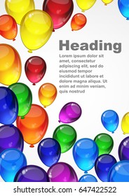 Colorful festive vector balloons on a white background for celebration, holiday, birthday party card with space for you text. A4 layout.