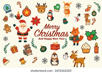 A colorful and festive vector doodle illustration featuring Santa Claus, cute woodland animals in winter outfits, Christmas gifts, holiday treats, and decorative icons like holly, baubles