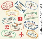 Colorful fictitious visa stamps set. International business travel concept. Frequent flyer visas.