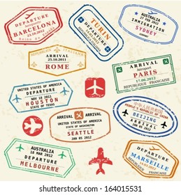 Colorful Fictitious Visa Stamps Set. International Business Travel Concept. Frequent Flyer Visas.