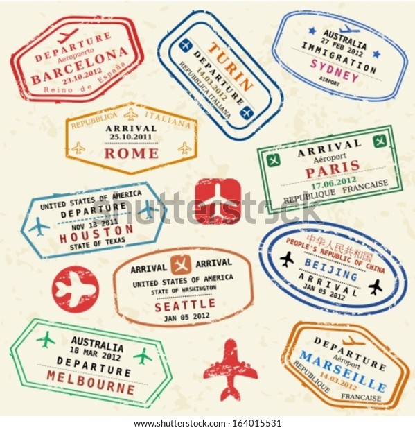 Colorful fictitious visa stamps\
set. International business travel concept. Frequent flyer\
visas.