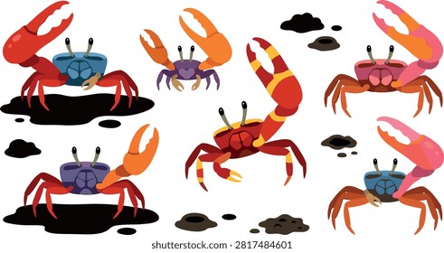 Colorful Fiddler Crab Vector Illustration Set Featuring Mudflat Burrow Holes and Crabs with Large Claws for Mangrove Wetland Ecology Designs.eps