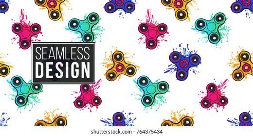 Colorful fidget spinner with paint splashes. Vector hand drawn fashion illustration on white background in watercolor style. Seamless pattern.