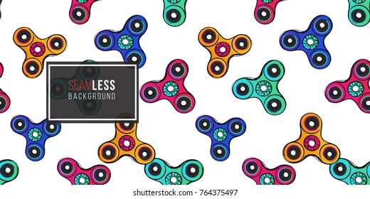 Colorful fidget spinners. Seamless pattern. Vector hand drawn fashion illustration on white background in watercolor style.