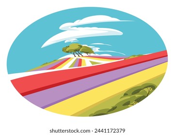 Colorful fields of tulips on the horizon. Blue sky with clouds and a lonely tree. Spring and summer blooming season concept. Vector flat illustration