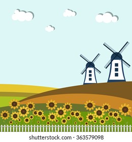 Colorful Fields With Windmills And Sunflowers