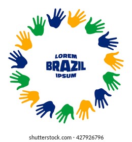 Colorful fifteen hand print logo using Brazil flag colors. Vector  illustration. 