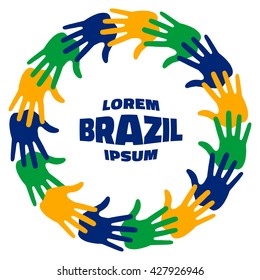 Colorful fifteen hand print logo using Brazil flag colors. Vector  illustration. 