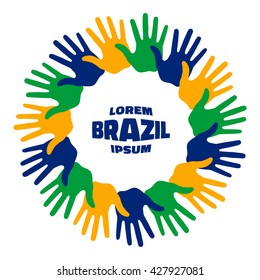 Colorful fifteen hand print logo using Brazil flag colors. Vector  illustration. 