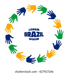 Colorful fifteen hand print logo using Brazil flag colors. Vector  illustration. 