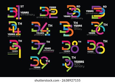 Colorful fifties anniversary numbers set. 31-39 years old logotype. Colorful Number Bundle suit for anniversary logo or event. colorful 31st-39th anniversary logo