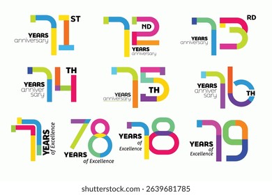 Colorful fifties anniversary numbers set. 31-39 years old logotype. Colorful Number Bundle suit for anniversary logo or event. colorful 31st-39th anniversary logo